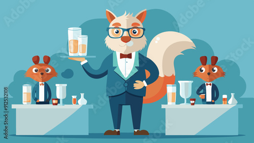 anthropomorphic squirrel, every squirrel has an old man, a man and a child. It stood between wine glasses, long tables, water cups, and paper cups, vector illustration