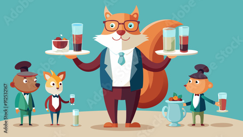 anthropomorphic squirrel, every squirrel has an old man, a man and a child. It stood between wine glasses, long tables, water cups, and paper cups, vector illustration