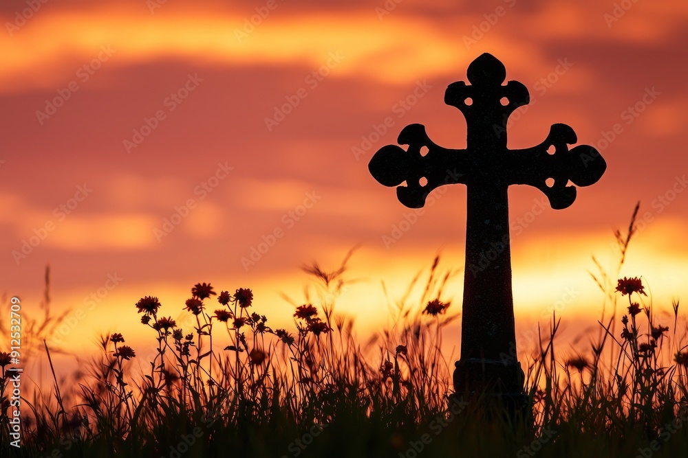 Silhouette of a cross in a field of flowers at sunset Generative AI Silhouette of a cross in a field of flowers at sunset Generative AI