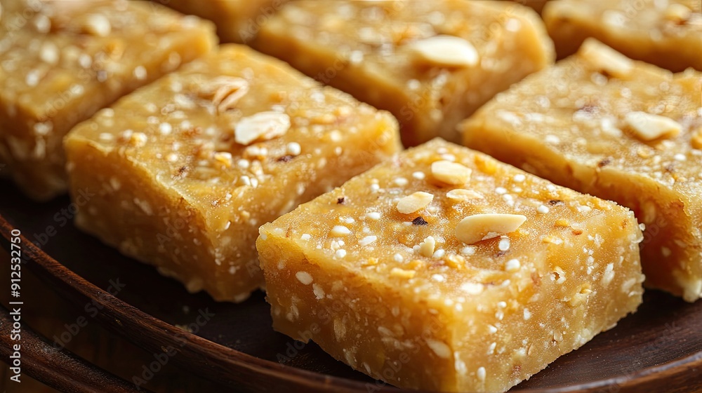 Dodha Barfi, a traditional Indian sweet with a grainy and chewy texture. Close-up shot showcasing its delicious and rich appearance. Dodha Barfi, a traditional Indian sweet with a grainy and chewy texture. Close-up shot showcasing its delicious and rich appearance.