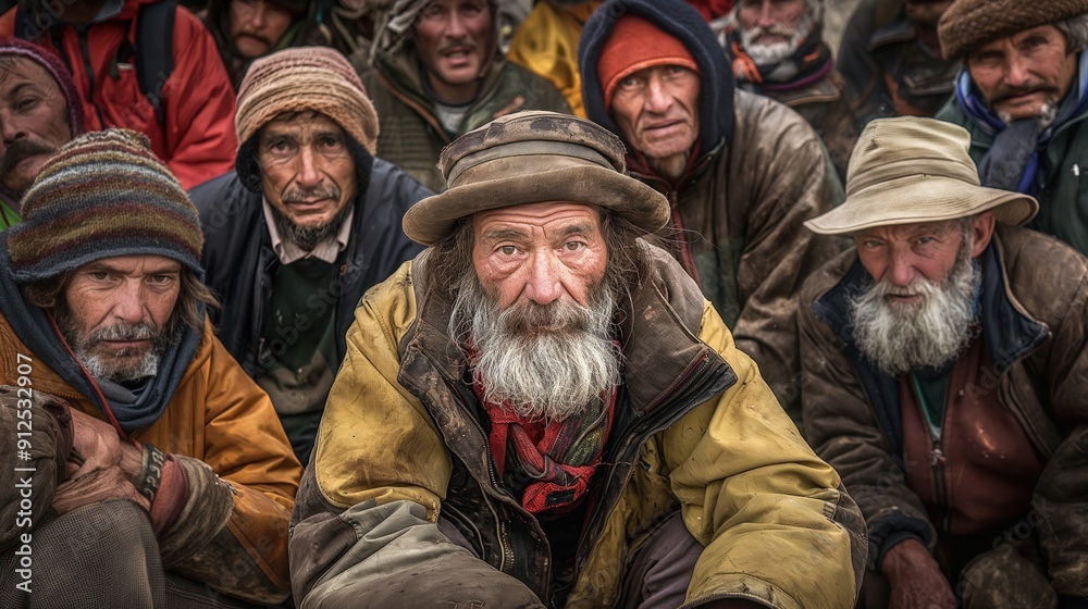 A group of elderly men, wearing warm clothing and hats, stand closely together in the mountains A group of elderly men, wearing warm clothing and hats, stand closely together in the mountains