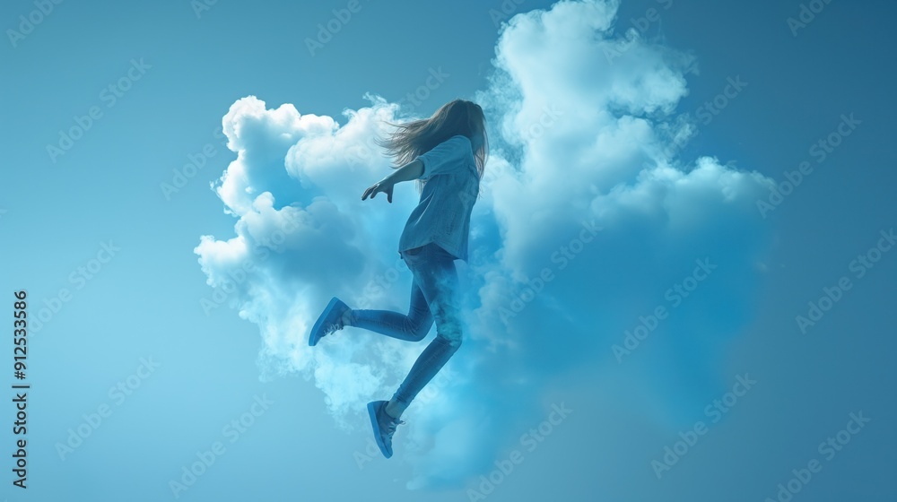 A young girl joyfully leaps through a vibrant blue cloud, embodying freedom and exhilaration against a calm sky backdrop A young girl joyfully leaps through a vibrant blue cloud, embodying freedom and exhilaration against a calm sky backdrop