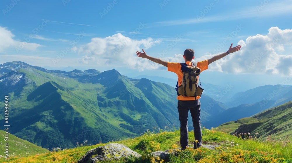 A man stands on a grassy mountain peak, arms outstretched, basking in the fresh air while overlooking a breathtaking landscape of rolling hills and distant mountains A man stands on a grassy mountain peak, arms outstretched, basking in the fresh air while overlooking a breathtaking landscape of rolling hills and distant mountains