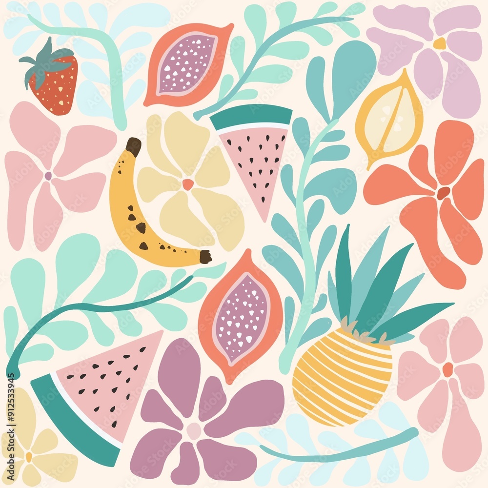 A vibrant and colorful pattern featuring various fruits and flowers, including strawberries, bananas, and pineapples, surrounded by leafy designs A vibrant and colorful pattern featuring various fruits and flowers, including strawberries, bananas, and pineapples, surrounded by leafy designs