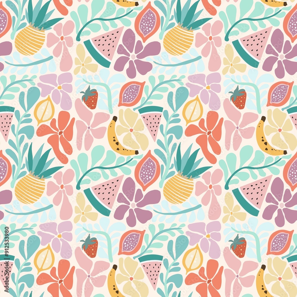 A vibrant and colorful seamless pattern featuring various fruits like pineapples, watermelons, strawberries, and bananas, along with floral elements in pastel shades. A vibrant and colorful seamless pattern featuring various fruits like pineapples, watermelons, strawberries, and bananas, along with floral elements in pastel shades.