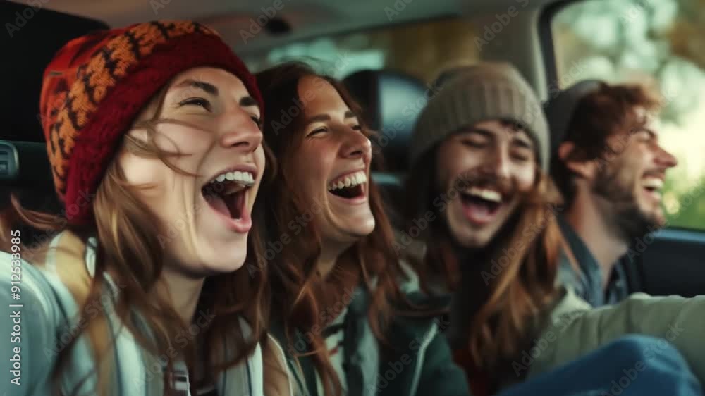 Group of Friends Sharing Joyful Laughter in a Car on a Road Trip. Group of Friends Sharing Joyful Laughter in a Car on a Road Trip.