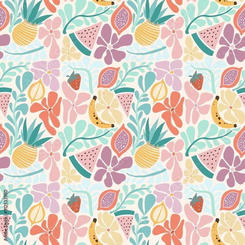 A vibrant and colorful seamless pattern featuring various fruits like pineapples, watermelons, strawberries, and bananas, along with floral elements in pastel shades.