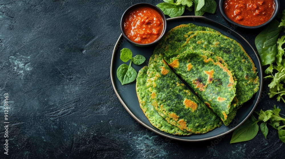 Healthy Palak Dosa made with spinach batter and served with red chutney, shown with advertising space. Ideal for showcasing nutritious Indian cuisine. Healthy Palak Dosa made with spinach batter and served with red chutney, shown with advertising space. Ideal for showcasing nutritious Indian cuisine.