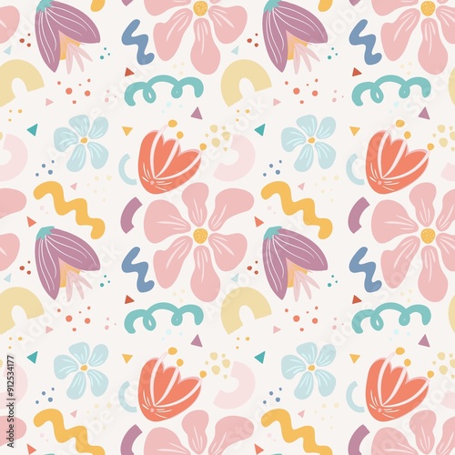 A vibrant and colorful floral pattern featuring various stylized flowers, leaves, and abstract shapes in pastel colors. The design includes colorful elements creating a cheerful and playful aesthetic