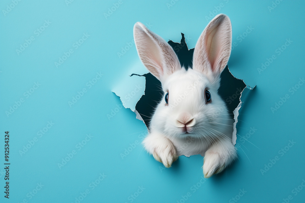A playful white rabbit peering through a torn hole of paper, set against a blue background, capturing a moment of whimsical surprise A playful white rabbit peering through a torn hole of paper, set against a blue background, capturing a moment of whimsical surprise