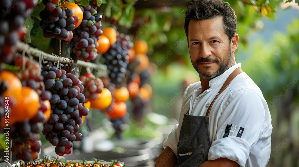 A man stands in front of a fruit stand with a big smile on his face