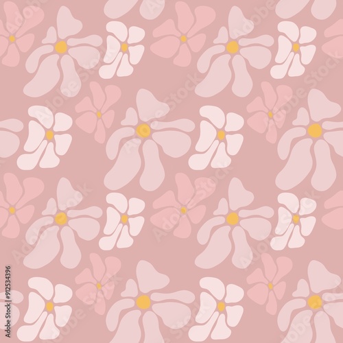 A seamless floral pattern featuring soft pink flowers with yellow centers on a muted pink background. The design is playful and modern, suitable for textiles or wallpapers.