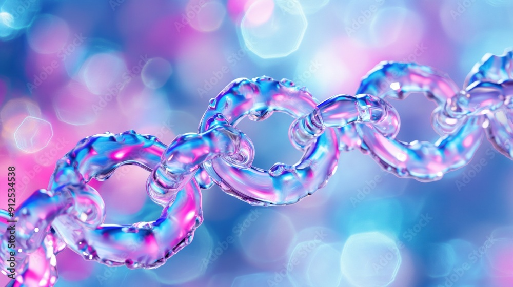 A series of transparent chain links glimmer against a vibrant bokeh backdrop filled with blue and pink hues, creating a captivating and dreamlike atmosphere in soft focus A series of transparent chain links glimmer against a vibrant bokeh backdrop filled with blue and pink hues, creating a captivating and dreamlike atmosphere in soft focus