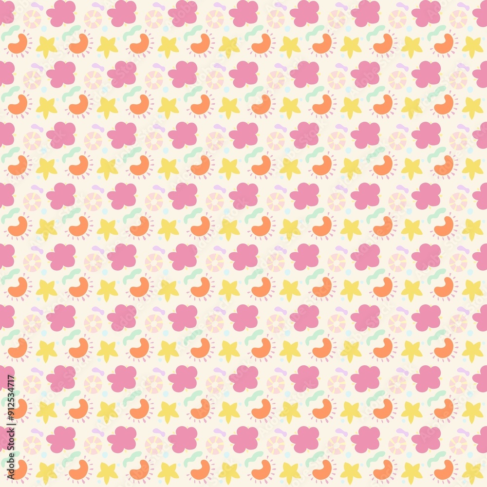 A colorful and playful pattern featuring flowers, abstract shapes, and circular designs in pastel colors. The background is light cream, with pink, yellow, orange, and green elements. A colorful and playful pattern featuring flowers, abstract shapes, and circular designs in pastel colors. The background is light cream, with pink, yellow, orange, and green elements.