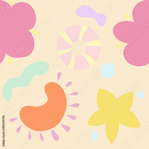 A colorful and playful pattern featuring flowers, abstract shapes, and circular designs in pastel colors. The background is light cream, with pink, yellow, orange, and green elements.