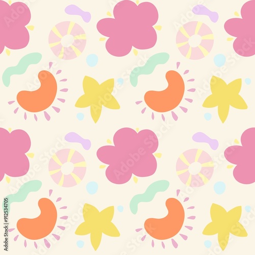 A colorful and playful pattern featuring flowers, abstract shapes, and circular designs in pastel colors. The background is light cream, with pink, yellow, orange, and green elements.