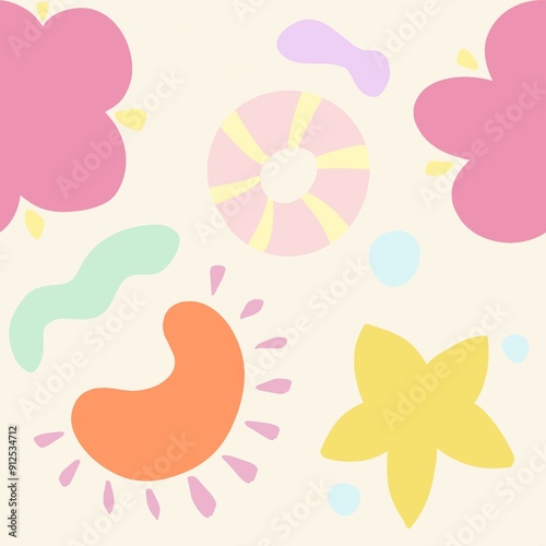 A colorful and playful pattern featuring flowers, abstract shapes, and circular designs in pastel colors. The background is light cream, with pink, yellow, orange, and green elements.