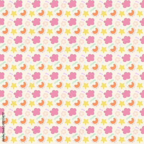 A colorful and playful pattern featuring flowers, abstract shapes, and circular designs in pastel colors. The background is light cream, with pink, yellow, orange, and green elements.