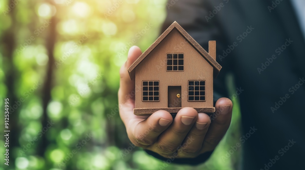 A person holding a small wooden house model in a natural setting, symbolizing real estate or home ownership. A person holding a small wooden house model in a natural setting, symbolizing real estate or home ownership.