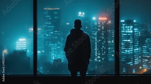 A person stands in front of a large window, looking out at a vibrant city skyline filled with glowing buildings and lights on a misty night