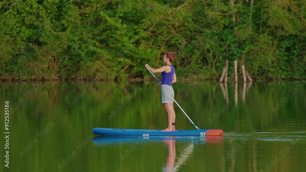Stand up paddle boarding. Sup board journey. Young woman relaxing on sup surf swimming. Watersport floating on sup surfboard at sunset. Stand up paddle boarding. Sup board journey. Young woman relaxing on sup surf swimming. Watersport floating on sup surfboard at sunset.