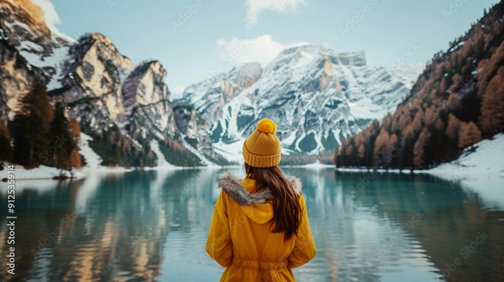 Backview of young woman in yellow coat and wool hat on Lake Braies, South Tyrol, Italy Backview of young woman in yellow coat and wool hat on Lake Braies, South Tyrol, Italy