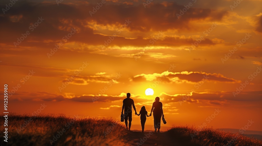 A family strolls hand in hand along a path, enjoying the beautiful sunset and vibrant colors of the evening sky as they embrace nature's tranquility A family strolls hand in hand along a path, enjoying the beautiful sunset and vibrant colors of the evening sky as they embrace nature's tranquility