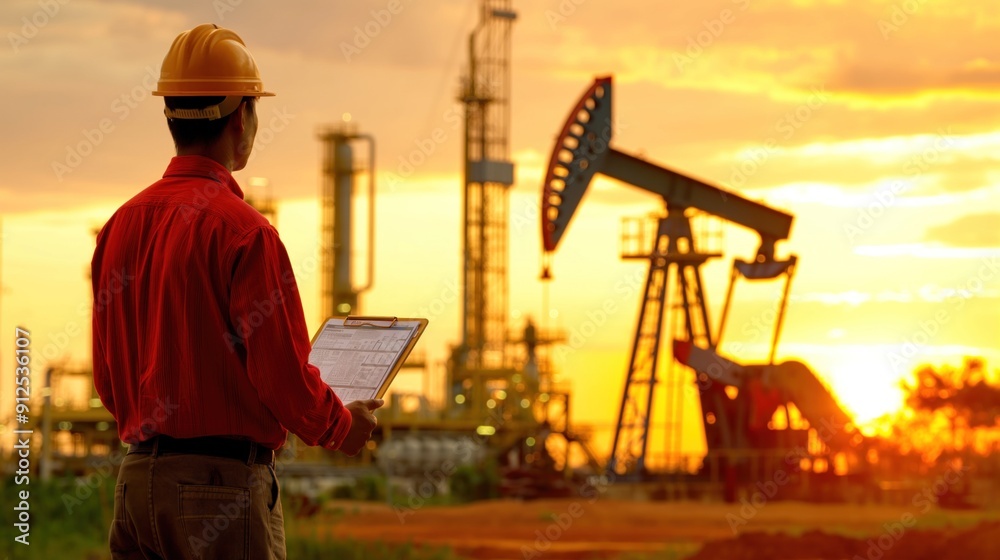 A worker in a hard hat stands with a clipboard, watching oil pumping machinery as the sun sets, casting an orange glow over the production field