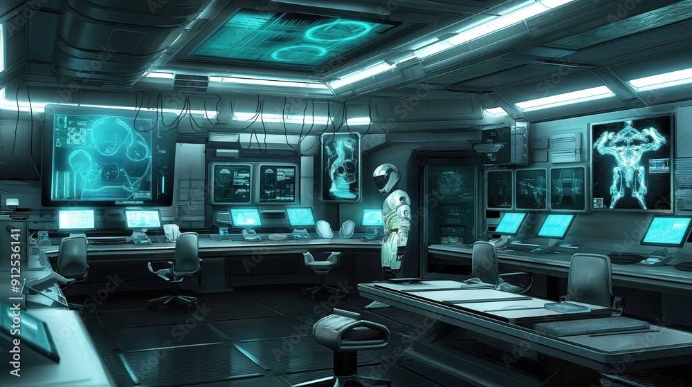 Obraz premium High-tech laboratory features glowing screens and robotics, highlighting advanced research and experimentation in a futuristic environment