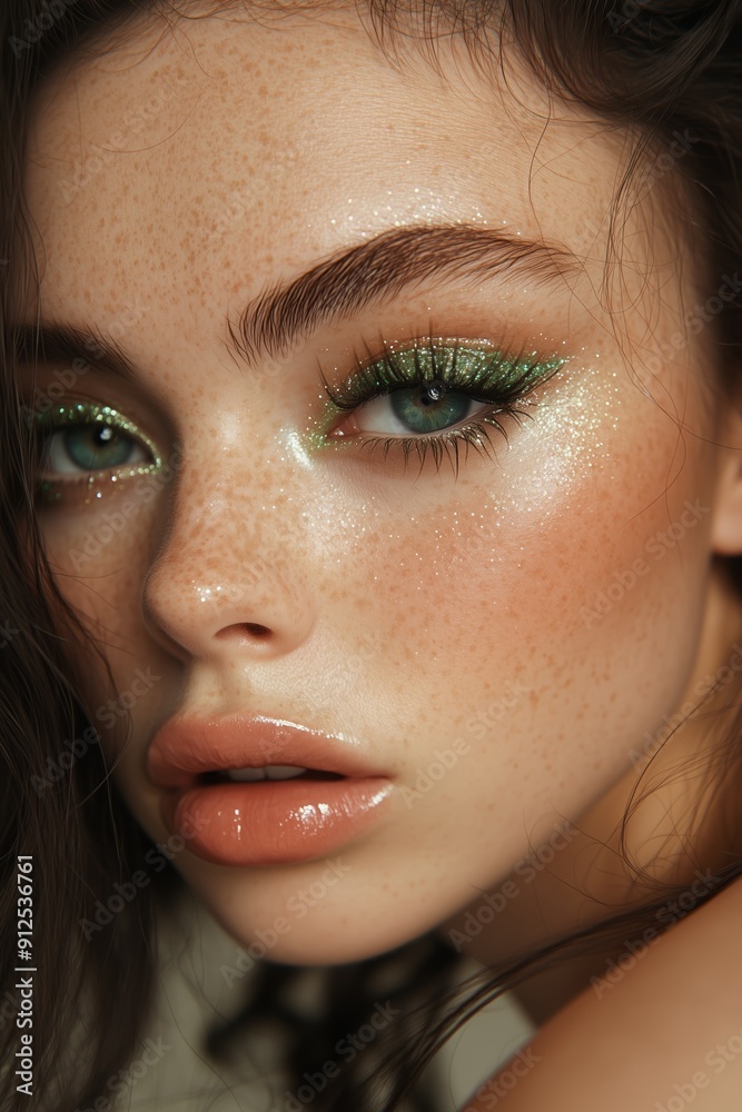 Close-up shot of a woman's face featuring glittery green eye makeup, glossy lips, and freckled skin. Close-up shot of a woman's face featuring glittery green eye makeup, glossy lips, and freckled skin.