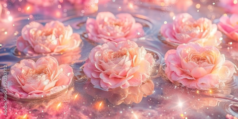 Beautiful pink flowers, peach peonies floating on the water with sparkling bokeh lights. Ideal for romantic, spa and nature designs. Delicate fairytale floral background with shimmer and magic Beautiful pink flowers, peach peonies floating on the water with sparkling bokeh lights. Ideal for romantic, spa and nature designs. Delicate fairytale floral background with shimmer and magic