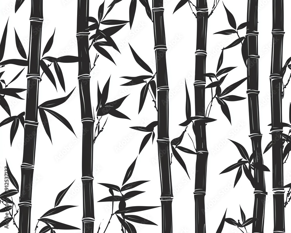 Handdrawn bamboo pattern, monochrome, flat design, detailed lines Handdrawn bamboo pattern, monochrome, flat design, detailed lines