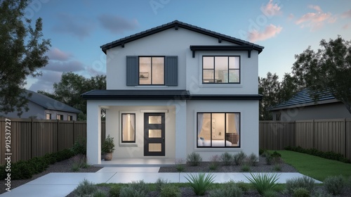 A modern two-story house with a welcoming entrance, surrounded by greenery and a clear sky.