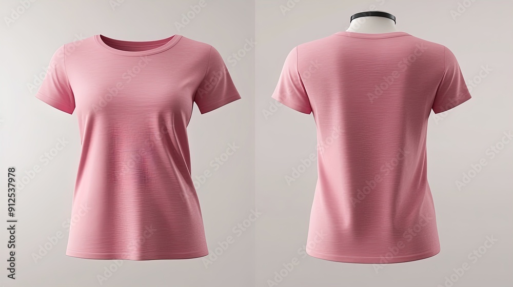 Stylish Pink T-Shirt Front and Back View on Invisible Mannequin - Ideal for Fashion Posters and Sports Interior Decor with Textured Fabric and Elegant Design Stylish Pink T-Shirt Front and Back View on Invisible Mannequin - Ideal for Fashion Posters and Sports Interior Decor with Textured Fabric and Elegant Design
