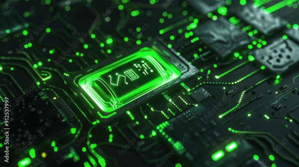 Glowing green microchip on a dark circuit board background, highlighting intricate electronic patterns and connections Glowing green microchip on a dark circuit board background, highlighting intricate electronic patterns and connections