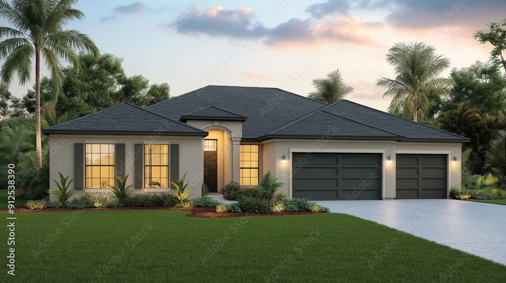 A modern single-family home with a landscaped yard, featuring a stylish facade and a double garage. A modern single-family home with a landscaped yard, featuring a stylish facade and a double garage.