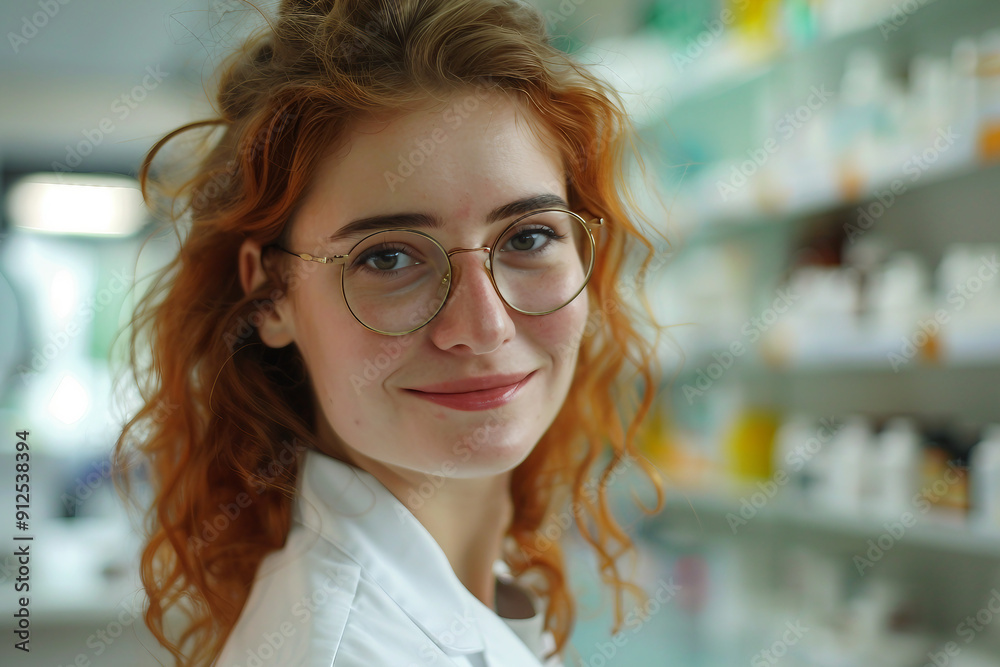 Photo of smiling pharmacist on the background of shelves with medicines generative AI Photo of smiling pharmacist on the background of shelves with medicines generative AI