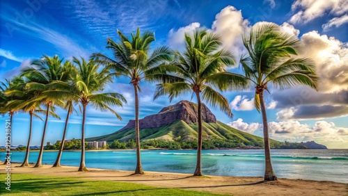 Tall palm trees sway gently in the ocean breeze at a serene beach park, with the iconic Diamond Head Crater looming in the distance. photo