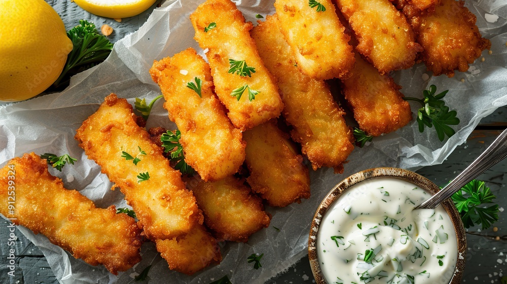 Fish sticks with lemon and tartar sauce in vertical arrangement with copy space for text. Image of food. copy space for text.
