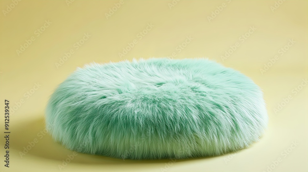 Cozy Mint Green Faux Fur Circular Cushion: Perfect for Adding a Touch of Comfort to Your Sports Interior Décor, Set Against a Soft Pale Yellow Background Cozy Mint Green Faux Fur Circular Cushion: Perfect for Adding a Touch of Comfort to Your Sports Interior Décor, Set Against a Soft Pale Yellow Background