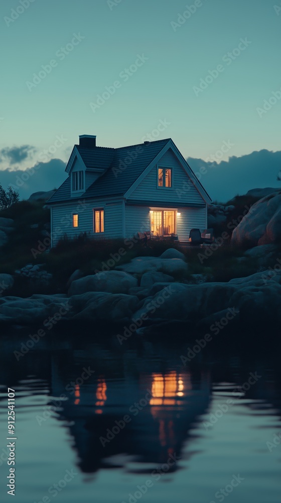 Fototapeta premium A warmly lit cabin by a serene lake at dusk, reflecting tranquility and solitude in a peaceful natural setting.