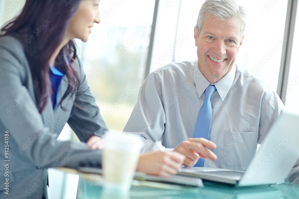 Laptop, meeting and portrait of mature businessman in boardroom of office with colleague for planning. Computer, management and teamwork with employee people in workplace for admin or collaboration Laptop, meeting and portrait of mature businessman in boardroom of office with colleague for planning. Computer, management and teamwork with employee people in workplace for admin or collaboration