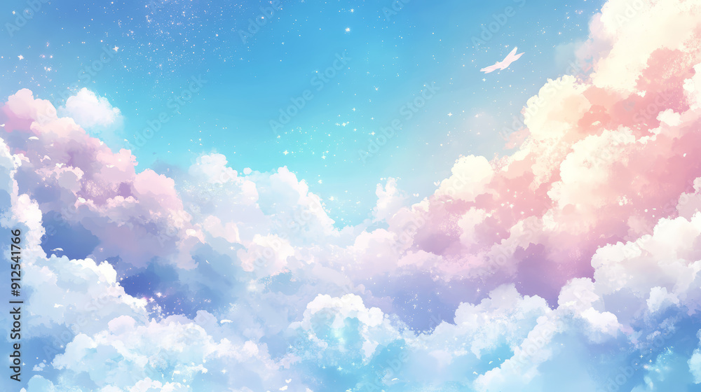 serene, dreamy, sky scene, fluffy white clouds, bright blue sky, cute color tone, detailed, soft, depth, dimension, subtle stars, magical, whimsical, pastel colors, soft pinks, light blues, gentle pur serene, dreamy, sky scene, fluffy white clouds, bright blue sky, cute color tone, detailed, soft, depth, dimension, subtle stars, magical, whimsical, pastel colors, soft pinks, light blues, gentle pur