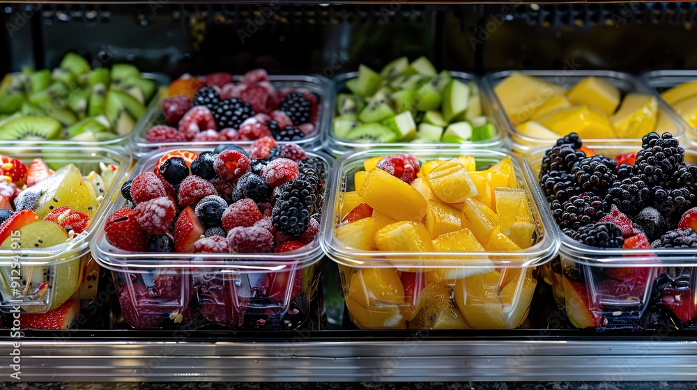 Pre packaged fruit salads in plastic containers displayed in a refrigerated display for purchase. copy space for text. Pre packaged fruit salads in plastic containers displayed in a refrigerated display for purchase. copy space for text.