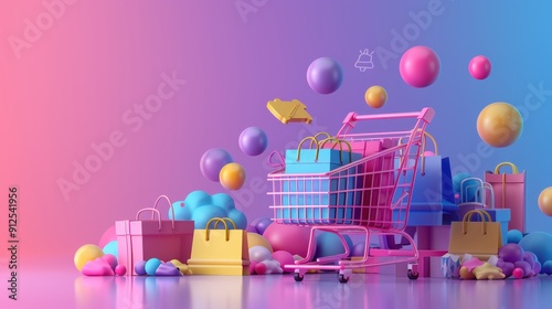 Dynamic E-commerce Expansion Showcased with Colorful 3D Elements Populated in Digital Marketplace photo