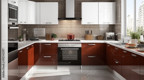 Modern kitchen design featuring red and white cabinetry, sleek appliances, and a bright, inviting atmosphere.