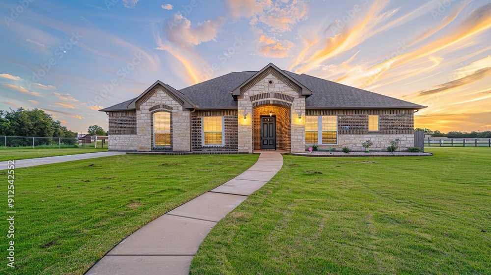 The front view of a newly built home is enhanced by a picturesque surrounding of vibrant green grass and a clear blue sky at sunrise. copy space for text.