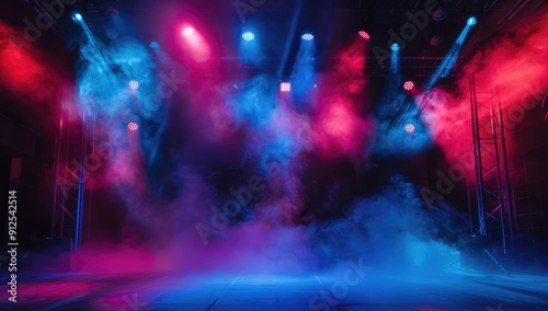 A stage with dramatic lighting, with blue and red lights creating an atmosphere of mystery and intrigue. 