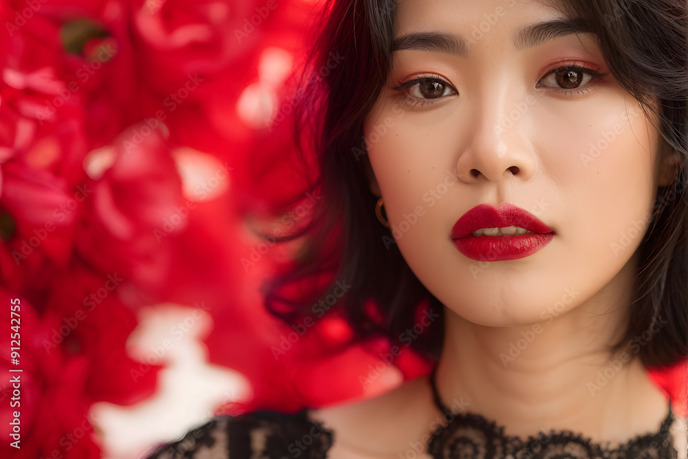 A woman with red lipstick and a black lace top A woman with red lipstick and a black lace top