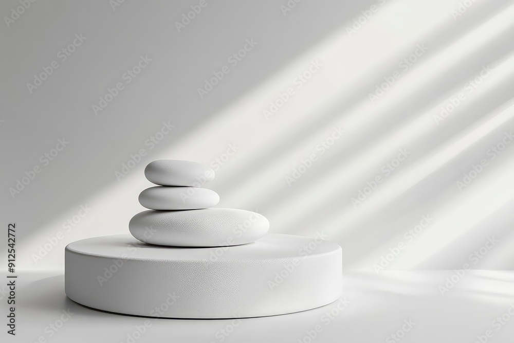 Stack white stones platform podium on gray light copy space background. Minimal empty display product presentation scene, ai Stack white stones platform podium on gray light copy space background. Minimal empty display product presentation scene, ai